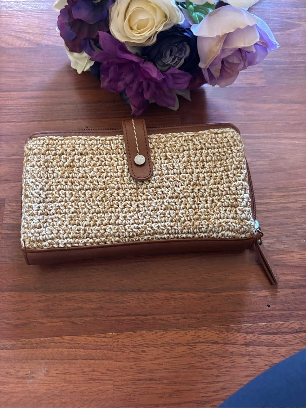 The Sak Woven Straw Wallet with Brown Trim